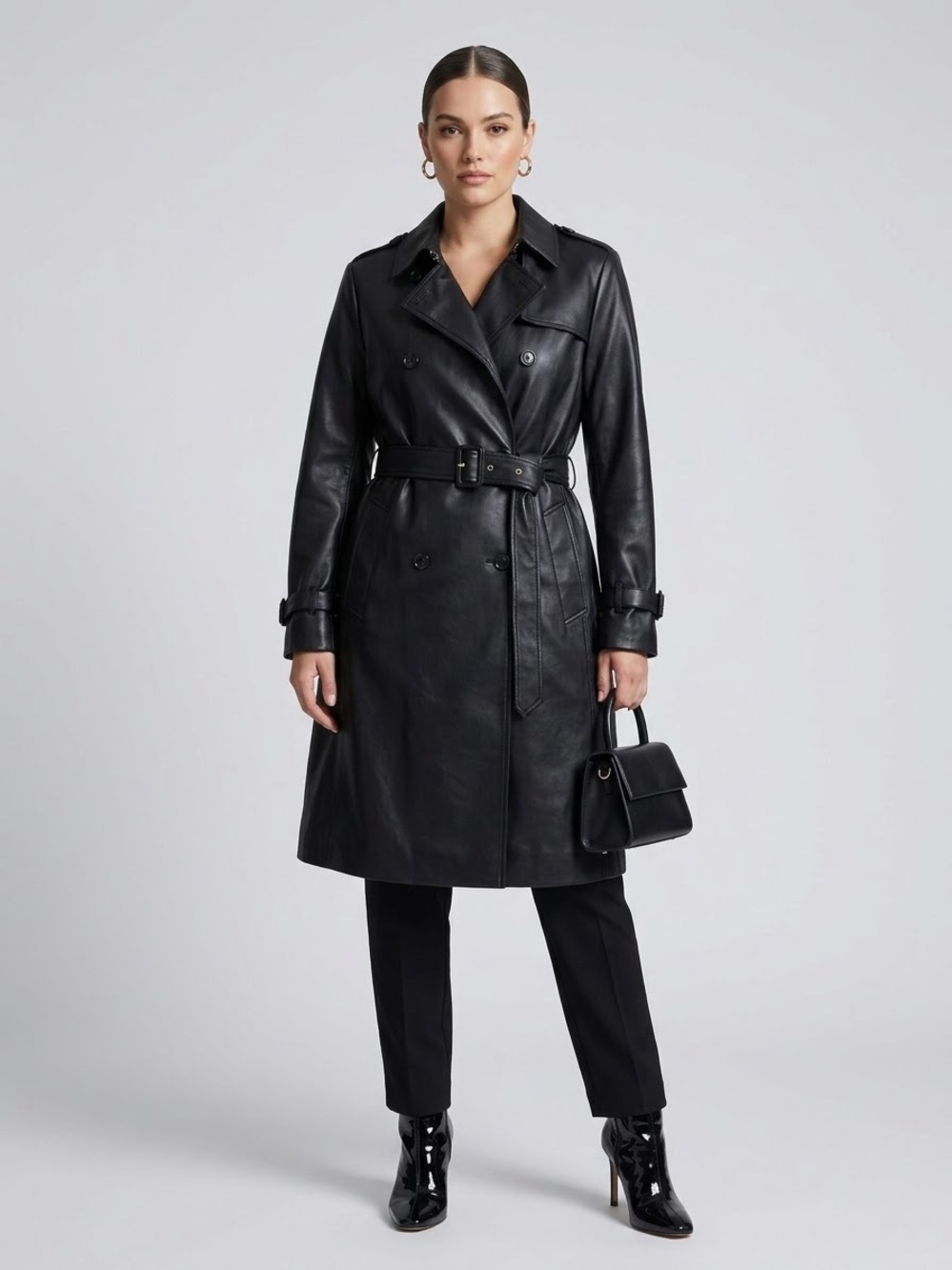 Jason Wu Black Faux Leather Trench Coat Belted Double Breasted Long Jacket Small